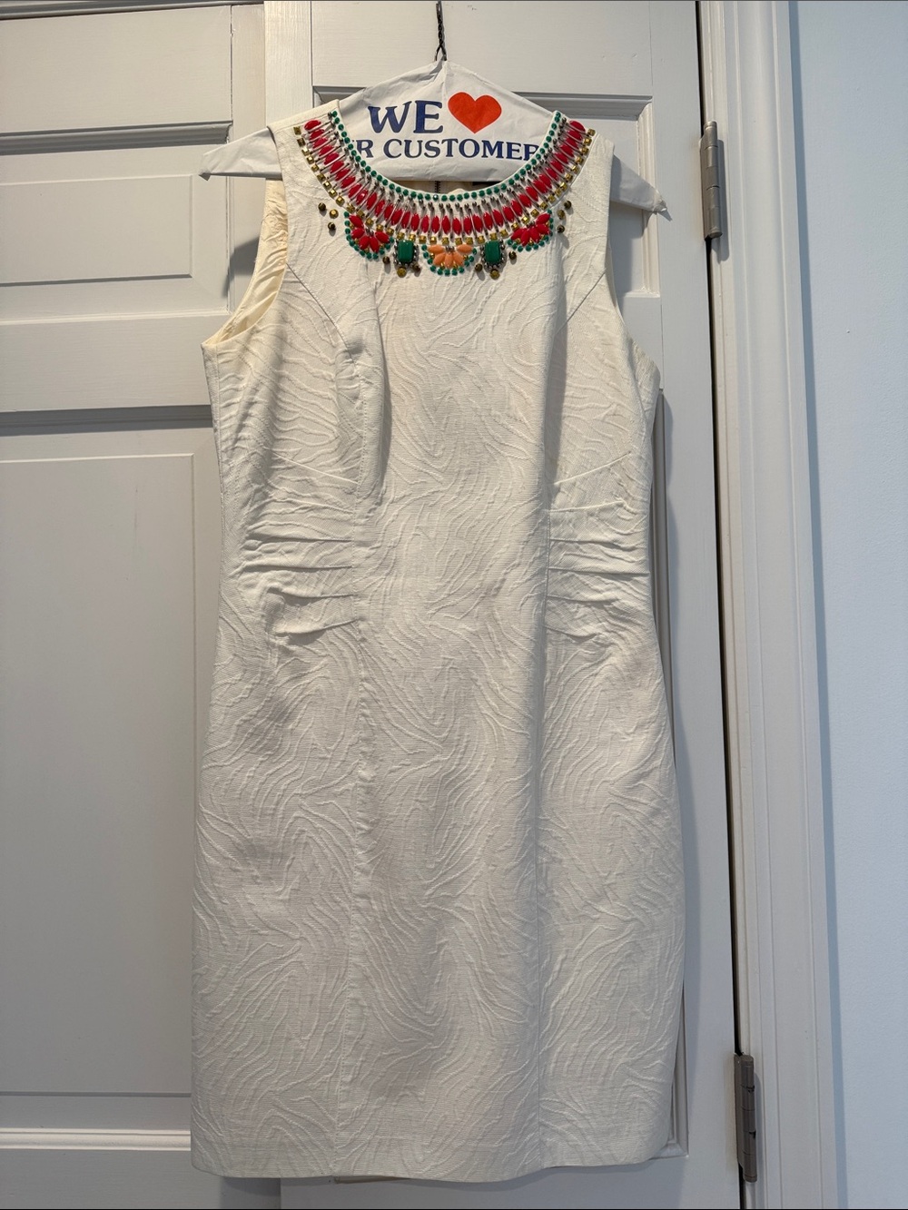Laundry By Shelli Segal Ivory Sheath Dress with Multicolor Beaded Neckline